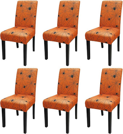JQinHome Halloween Orange Dining Chair Slipcover, Spider Web Chair Covers Set of 6 ，High Stretch Washable Chair Protector Cover for Dining Room, Kitchen,Home Party,Wedding Ceremony(Orange, 6PC)