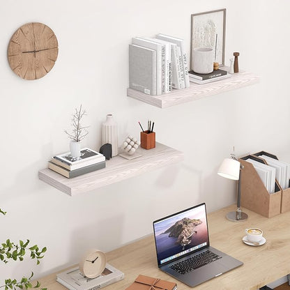 24 x 9 Floating Shelves, 9 Inch Deep Floating Shelf Wall Mounted, 24 Inch Bathroom Shelves Set of 2, Rustic Wood Wall Shelf for Bedroom, Living Room, Brich Color