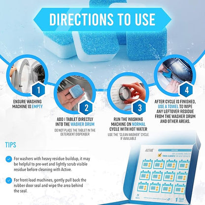 ACTIVE Washing Machine And Dishwasher Cleaning Tablets Bundle - Includes 12 Month Supply Dishwasher Cleaner Deodorizer & Washing Machine Descaler Deep Cleaning Tablets - 48 Tablet Set