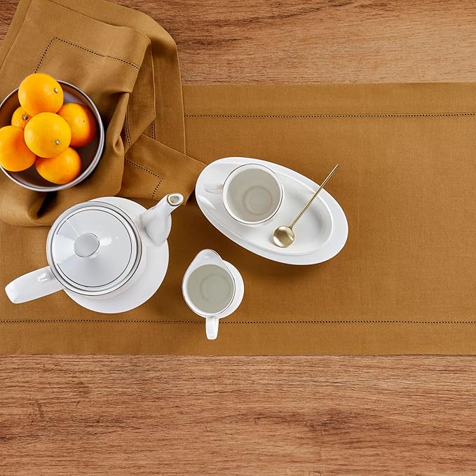Solino Home Linen Brown Sugar Table Runner 108 Inches Long - 100% Pure Linen 14 x 108 Inch Table Runner for Fall, Autumn, Thanksgiving - Classic Hemstitch