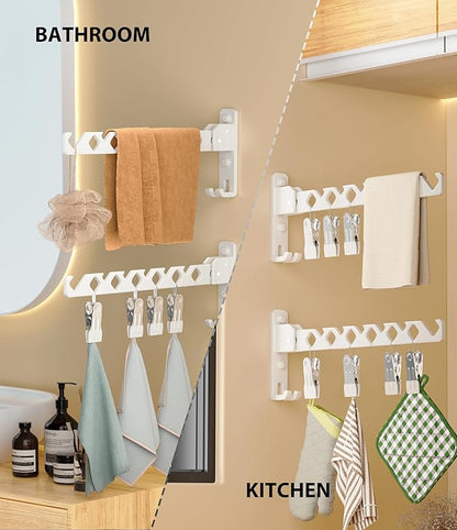 Wall Mount Coat Hanger Holder White Clothes Drying Organizer Rack Garment Hooks Aluminium Retractable Folding Indoor Wall Mounted Hanger Space Saver for Laundry Room Bedroom White 2 Pack with 8 Hooks