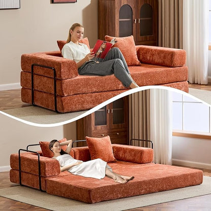 Convertible Sleeper Sofa Bed, Compression Folding Sofa with Pillow, No Assembly Required, Shape Frame, Floor Sofas Lounge Couch for Living Room, Bedroom, Small Spaces (Chenille, 77''W, Orange)