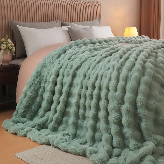 Lotus Karen Faux Fur Throw Blanket Sage Green - Big Bubble Rabbit Fluff Blanket for Couch Bed Sofa,Softest Fluffy Fuzzy Cozy Blanket,Plush Thick Furry Shaggy Warm Blankets for Women,108x90 Inches