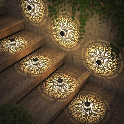 2 Pack Solar Fence Lights Metal Solar Powered Outdoor Wall Deck Step Lights Tree Theme Waterproof Fence Light for Garden Post Patio Backyard Yard Decor (Tree, 2 Pack)