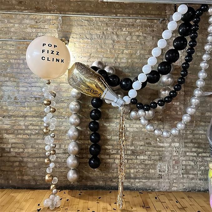 Black White and Gold Linking Balloons, 90PCS Black Gold and White Balloon Arch, Metallic Silver Quick Linked Connecting Balloon for Wedding Birthday Baby Shower Graduation New Year Party Decorations