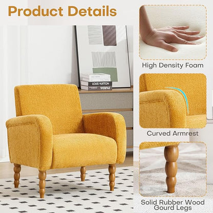 Chenille Fabric Accent Chair, Upholstered Armchair with Solid Wood Legs, Modern Living Room Accent Chair, Comfy Single Sofa Chair Reading Club Chair for Bedroom Reception Lounge, Yellow