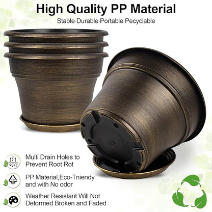 Plant Planters Pots Set of 4 Pack 8 Inch, Plastic Flower Pot for Indoor Plants with Drainage Holes & Trays, Resin Decorative Container Sets with Saucer for House Outdoor Garden Planters Dark Gold