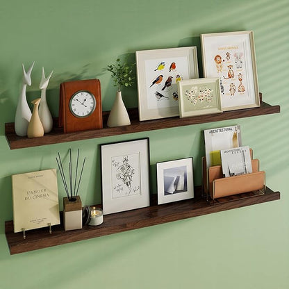 Floating Picture Ledge Shelves 48 Inch Solid Oak Wood Set of 2, Rustic Wall Storage Shelves with Lip, Kids Bookshelf, Photo & Picture Ledge Shelves for Bedroom, Living Room, Kitchen