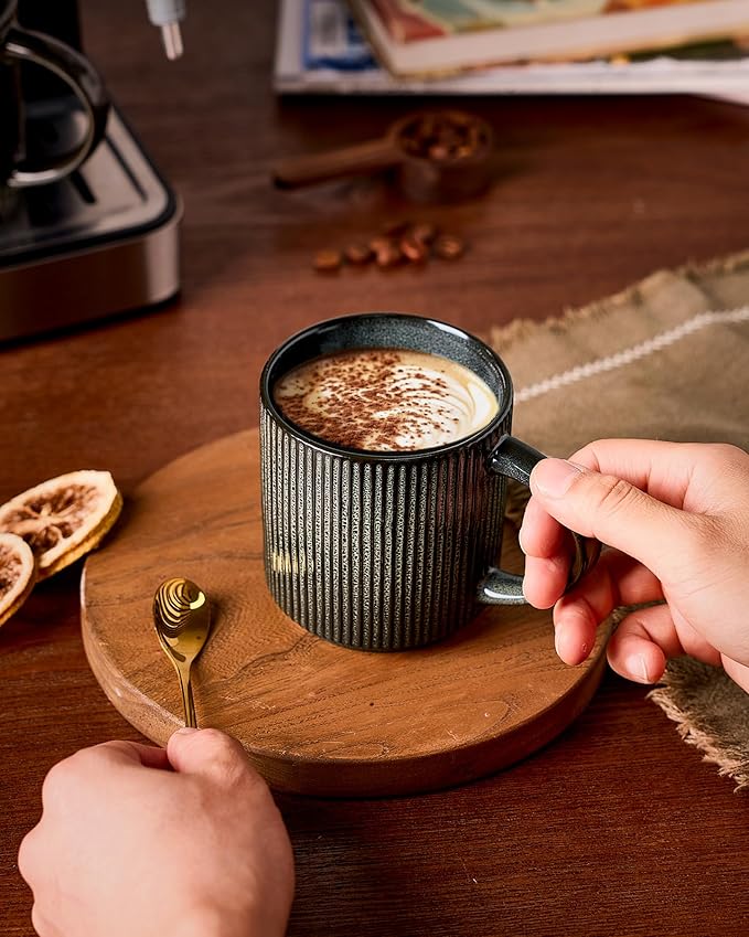 famiware Coffee Mug Set for 6, Star 12 oz Catering Mugs Cup Set with Handle for Coffee, Tea, Cocoa, Milk - Ceramic Stoneware Drinkware Set, Deep Forest