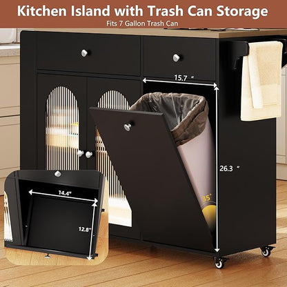 Kitchen Island with Drop Leaf & Power Outlet, Rolling Kitchen Island on Wheels with Trash Can Storage, Island Table Bar Cart with Spice Rack, Towel Rack, Drawers, Mobile Kitchen Carts on Wheels