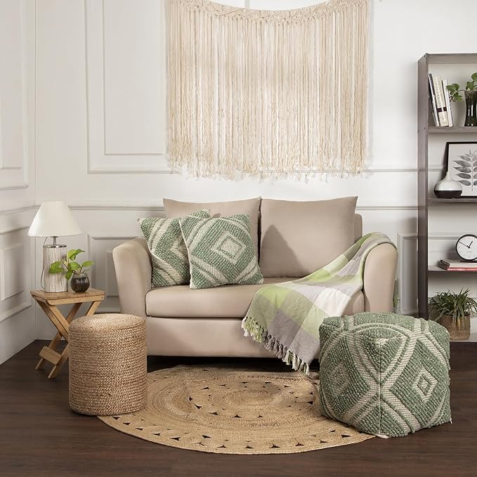 REDEARTH · Tufted Pouf Ottoman with Filler Textured Storage Cube Bean Bag Pouffe Footrest for Living Room, Bedroom, Nursery, Kidsroom; 100% Cotton (17.5"X17.5"X17.5", Solitaire Lozenge Kiwi)