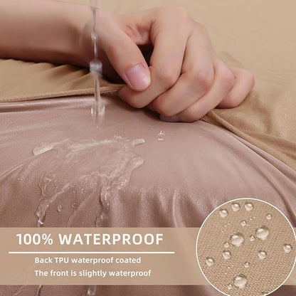 hyha Waterproof Couch Cushion Covers, Stretch Sofa Couch Seat Slipcover for Dog Washable, Non-Slip Waterproof Outdoor Cushion Covers for Patio Furniture Replacement (3 Pieces, Camel)