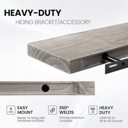 Fun Memories Floating Shelves for Wall Decor, 24"x8" Rustic Reclaimed Wood Shelves, Heavy-Duty Wall Mounted Shelves with Invisible Brackets, Set of 2for Living Room, Bedroom, Kitchen, Grey Finish