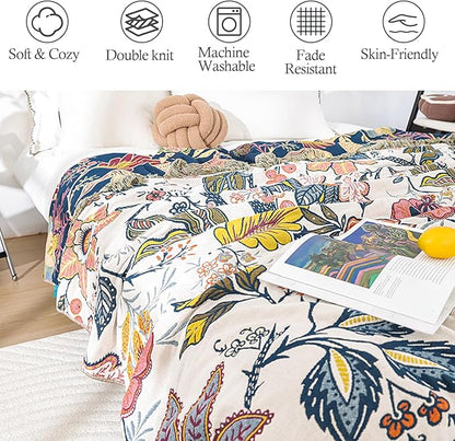 Snycler Boho Throw Blanket for Bed, 100% Organic Cotton Muslin Soft Throw-Floral Farmhouse Rustic Spring Summer Fall Decor Blanket for Couch Sofa Quilt and Gift, 60" x 80" White