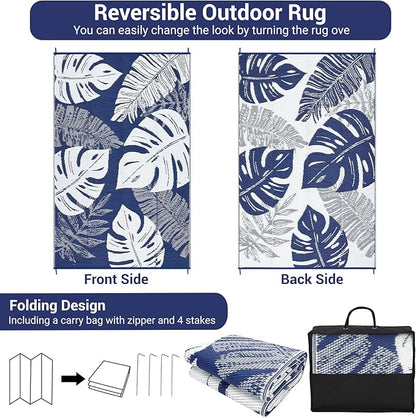 GAOMON Patio Rugs Outdoor 8x10 Waterproof Reversible Plastic Straw Rug Modern Patio Carpet, Foldable Lightweight RV Camping Mat with Portable Bag & 4 Stakes, UV Resistant & Sturdy for Picnic, Blue