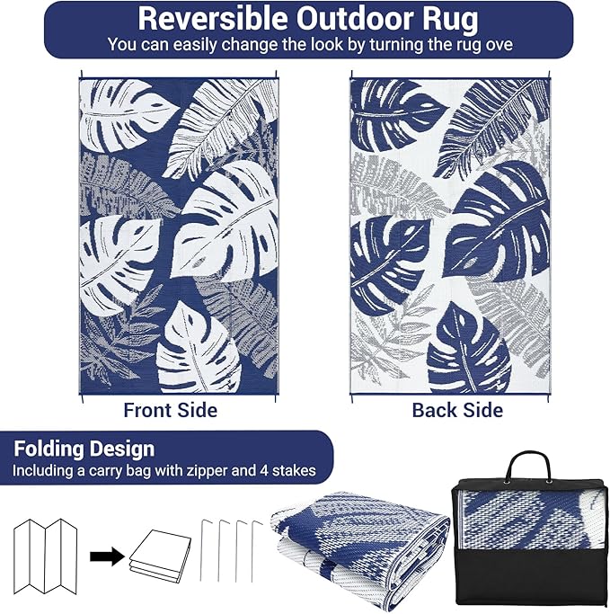 GAOMON Large Outdoor Plastic Rug 10x14 Waterproof Straw Rug Reversible Foldable Camping Mat with Stakes & Bag, Modern Tropical Leaf Farmhouse Outside Carpet for Patio RV Garden Deck, Blue