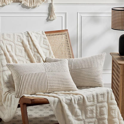 Fancy Homi 2 Packs Neutral Taupe Long Lumbar Decorative Throw Pillow Covers 16x24 Inch for Couch Bed, Rustic Farmhouse Boho Home Decor, Soft Striped Corduroy Rectangle Accent Cushion Case 40x60 cm