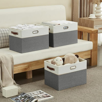 Large Collapsible Fabric Storage Bins with 3 Handles, Foldable Organizer Baskets for Closet, Shelves, Living Room | 3 Pack, Durable PU & Metal Handles (17"x11.8"x11.8", Gray & White)