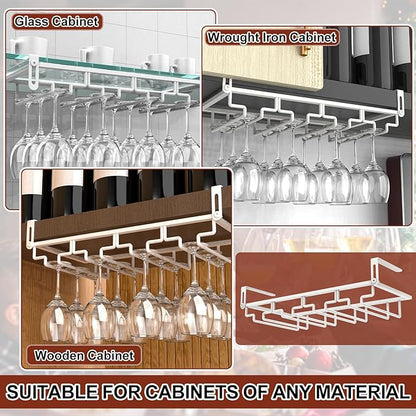 AUHOKY 2Pcs Adjustable Wine Glass Rack Under Cabinet, Punch-Free 4 Rows Stemware Wine Glass Metal Holder, Hanging Wine Glasses Storage Hanger Organizer for Shelf Kitchen Bar Decor(White, 4 Rows)