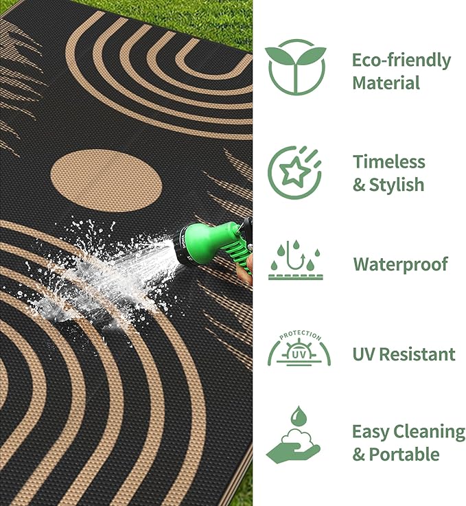 GENIMO Outdoor Rug 9' x 12' Waterproof for Patio Clearance, Reversible Lightweight Plastic Straw Camping Carpet, Large Area Rugs Mats for Rv, Backyard, Deck, Porch, Picnic, Balcony, Mix-Black & Brown