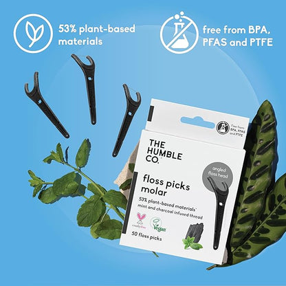 The Humble Co. Floss Picks (200 Count) – Plant Based Dental Floss Picks with Grip Handle for Superior Oral Care, Dental Hygiene, and Gum Health, Cruelty Free Tooth Floss Picks (Charcoal)