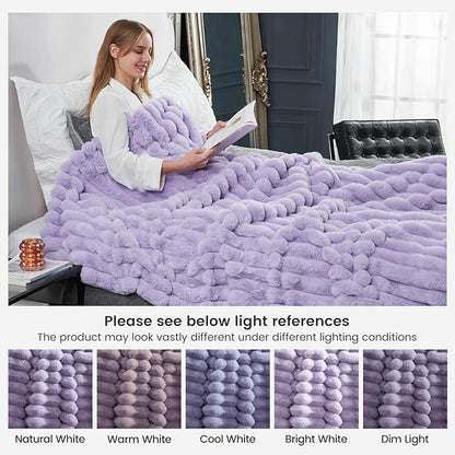 Cozy Bliss Faux Fur Throw Blanket for Couch, Cozy Warm Plush Striped Blanket for Sofa Bedroom Living Room, 60 * 80 Inches Lavender Purple