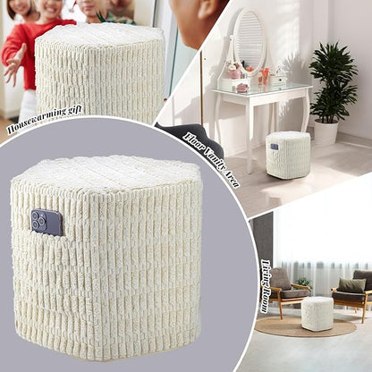 Hexagon Pouf Ottoman Stuffed with 2 Pockets & Handle, Comfort Corduroy Poufs, Non-Slip Foot Stool Storage Ottoman, Foam Floor Poufs Foot Rest for Couch, Bedroom (Beige)