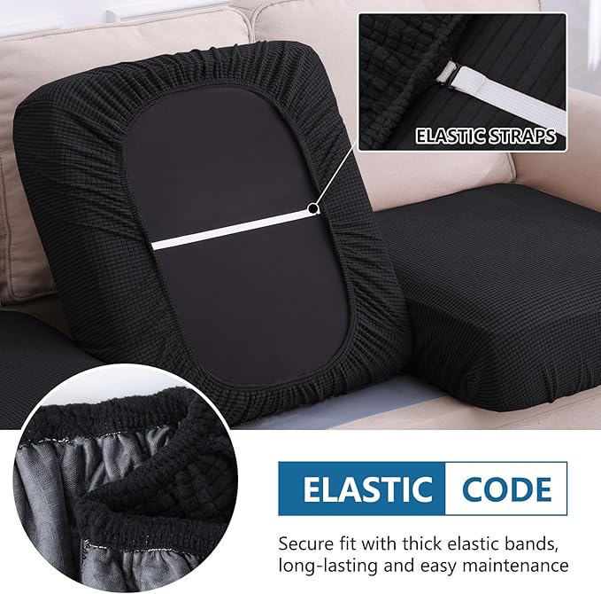 hyha Waterproof Sectional Couch Covers, Non Slip Sofa Couch Cushion Covers L Shape, Thick Stretch Jacquard Fabric, Washable Sofa Slipcovers with Elastic Bottom (1 Piece for Chaise XL, Black)