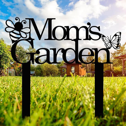 Custom Patio Meta Sign with Stake, Bee and Butterfly Decoration, Farmhouse Yard Art - Personalized Gardener Name, Gift for Mom & Grandma