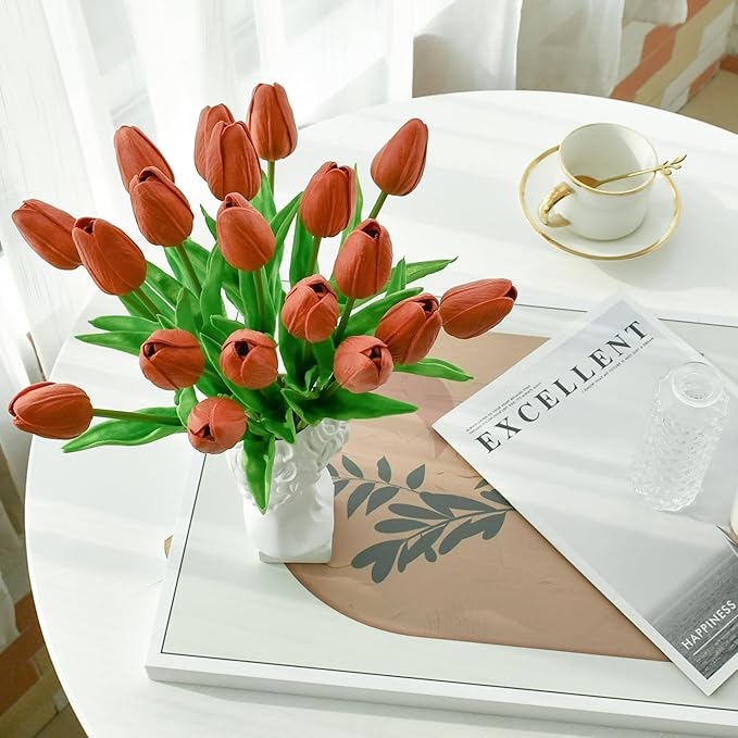 Mandy's Artificial Tulips 20 Stems Terracotta PU Faux Flowers for Wedding Home Decor 13.5 Inch