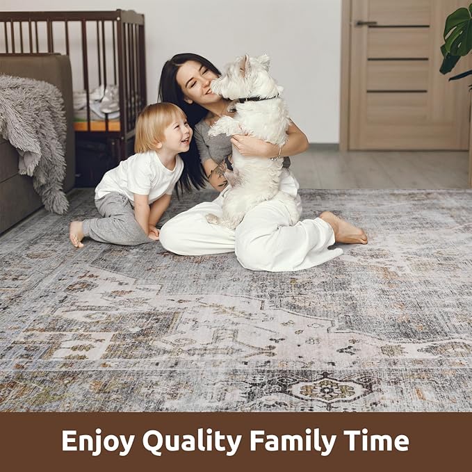 AMOAMI Area Rug - 9x12 Vintage Soft Grey Rug - Non Slip, Washable for Living Room, Bedroom, Dining Room, Office