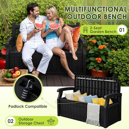 Greesum 80 Gallon Outdoor Storage Bench, Resin Patio Furniture with Armrest,Waterproof and UV-Resistant, Perfect to Garden, Poolside and Lawn, Dark Black