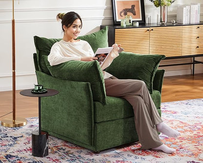Oversized Accent Chair, Upholstered Modern Sofa Chair with Removable Backrest & Detachable Cover, 24.5" Deep Seat Large Reading Armchair for Living Room Bedroom Office - Chenille Green Set of 2
