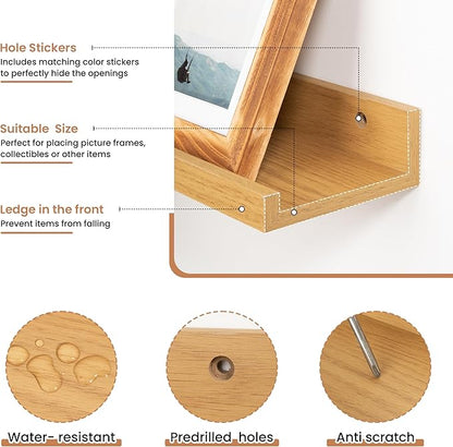 Fun Memories Picture Ledge Shelves Set of 2, 55 Inch Rustic Wall Mounted Floating Shelves with Lip for Home Storage and Décor in Bathroom, Kitchen, Nursery, Bedroom, Living Room, Oak