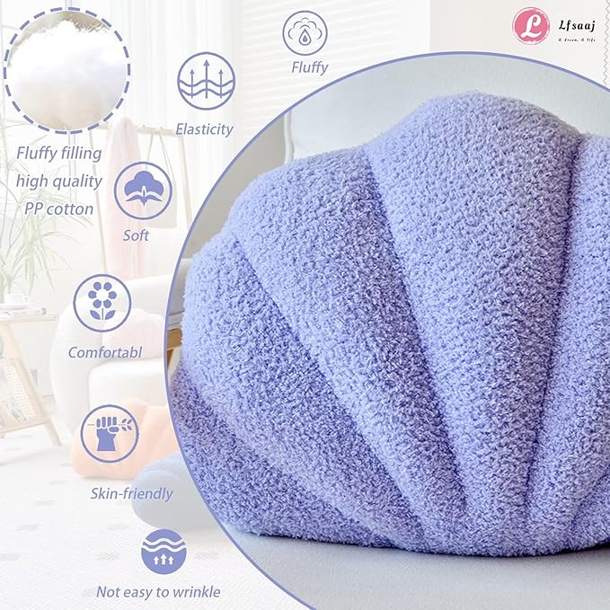 Lavender Seashell Throw Pillows, Shell Shaped Throw Pillows, 13 Inch Soft Home Decorative Pillow Plush Cushion for Bed Couch Living Sofa Room Decor Accent Throw Pillow