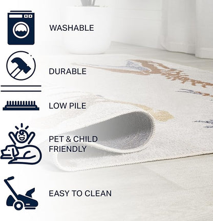 JONATHAN Y Machine-Washable Cream/Multi Runner Rug, 2x8, Kingdarr T-Rex Modern, Casual, Kids & Novelty for Living Room, Dining Room, Bedroom, Kitchen Easy-Cleaning, Non-Shedding (KDW103A-28)
