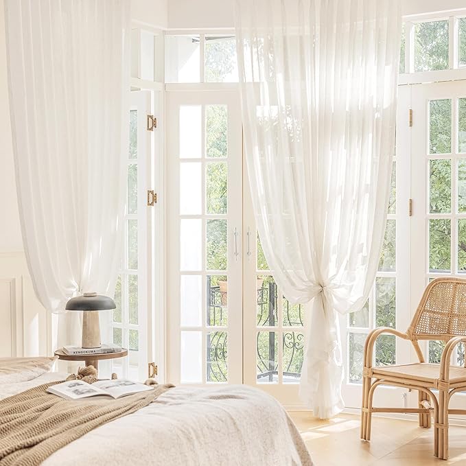 FMFUNCTEX Linen Sheer Sliding Door Curtains for Bedroom, Beige Curtains 84 Inches Long Window Curtain Drapes for Living Room, Natural Patio Glass Door Extra 100 Wide Curtain, Grommet Top 1 Panel