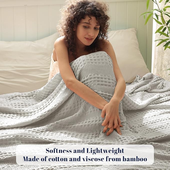 PHF Cooling Waffle Blanket Twin Size, Lightweight 60% Rayon Derived from Bamboo & 40% Cotton Breathable Blanket for Hot Sleepers, Ultra Soft and Luxury for Bed Couch and Sofa, 66"x90", Grey