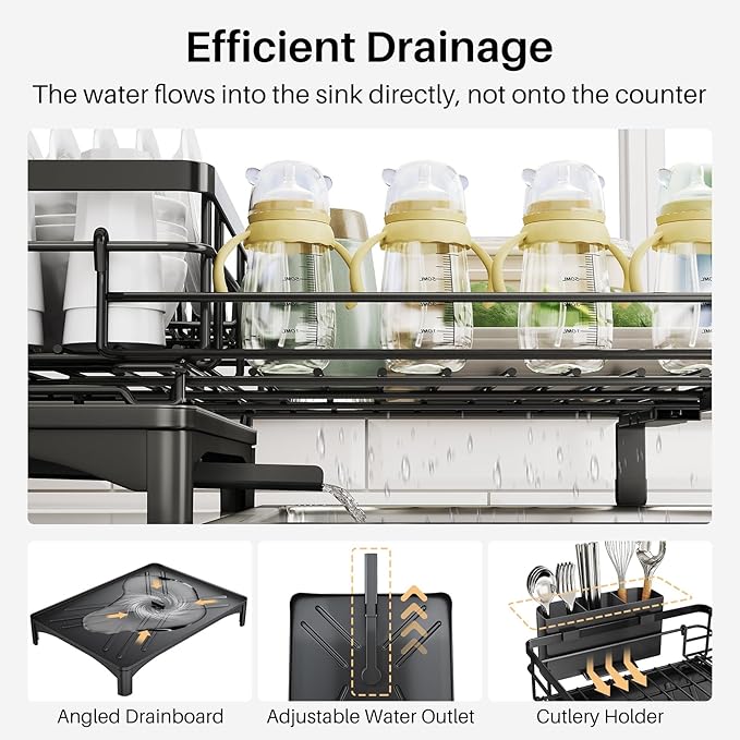 Dish Drying Rack - Extendable Dish Rack, Large Sink Drying Dish Drainer for Kitchen Counter, Stainless Steel Dish Strainer with Utensil Holder (Black)