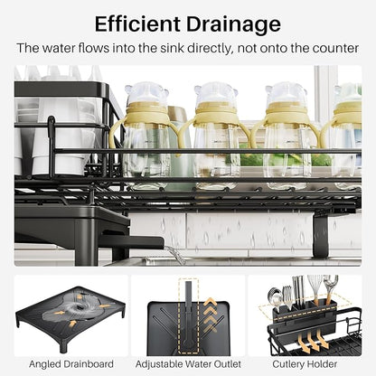 Dish Drying Rack - Extendable Dish Rack, Large Sink Drying Dish Drainer for Kitchen Counter, Stainless Steel Dish Strainer with Utensil Holder (Black)