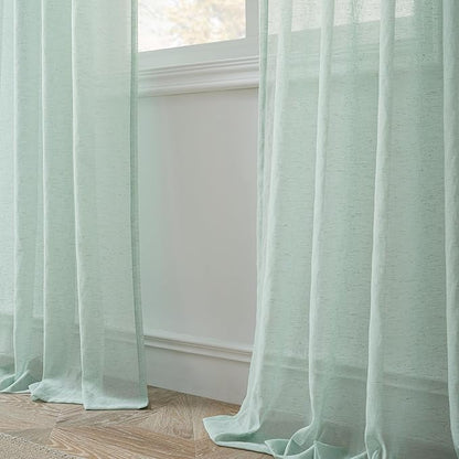 FMFUNCTEX Linen Sheer Curtains for Bedroom, Sage Green Curtains 84 inches Long for Living Room, Farmhouse French Flax Blend Window Draperies, Rod Pocket 2 Panels Set