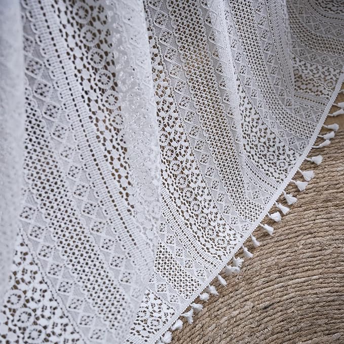 Sutuo Home Boho Curtains 120 inches for Bedroom Living Room Patio Doorway, Crochet Lace Sheer Bohemian Extra Long with Tassels,Window Treatment Drape, Single 1 Panel 59" W x 120" L, White