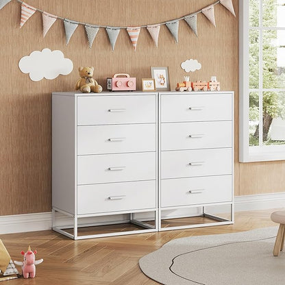 WLIVE White Wood Dresser for Bedroom with 4 Drawers, Tall Chest of Drawers with Sturdy Metal Frame for Living Room, Hallway, Closet
