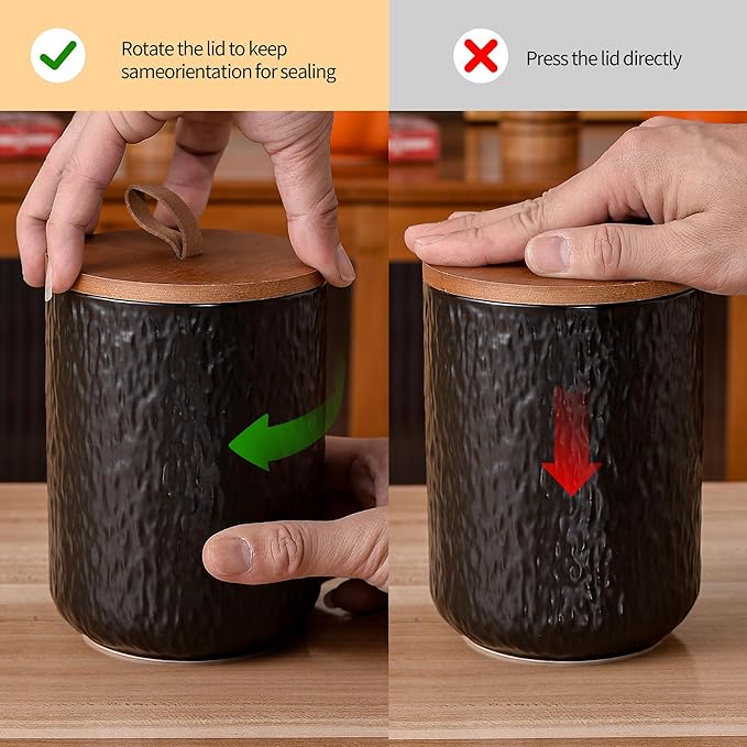 JOJUNO Black Ceramic Canister Set with Wooden Lid, 3-Piece Airtight Food Storage Jars for Kitchen Counter - Flour, Sugar, Coffee, Tea, Spice - Small, Medium, Large Sizes - Stone Texture