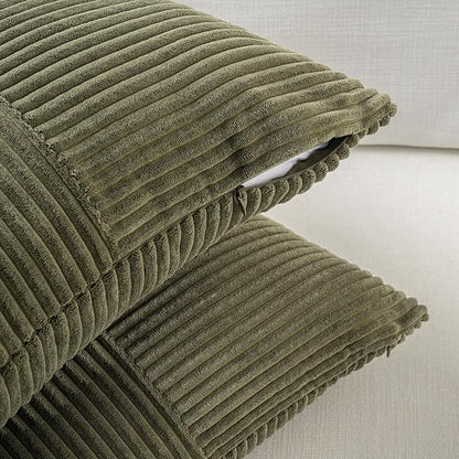 Fancy Homi Set of 2 Olive Green Boho Long Lumbar Body Decorative Throw Pillow Cover 14x36 Inch for Bed Couch Bedroom Bench, Soft Patchwork Corduroy Textured Pillow Case, Rustic Farmhouse Room Décor