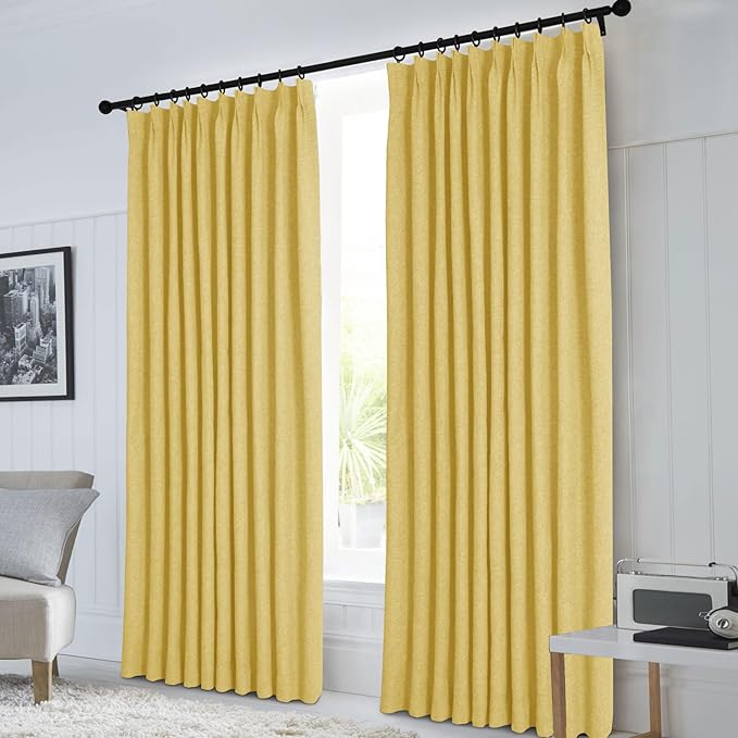 Macochico Pinch Pleated Full Blackout Curtains for Bedroom Living Room Yellow Linen Curtains Thermal Insulated and Noise Reducing Window Panels with Tieback Shabby Chic Decor 84”Wx84”L 1 Panel