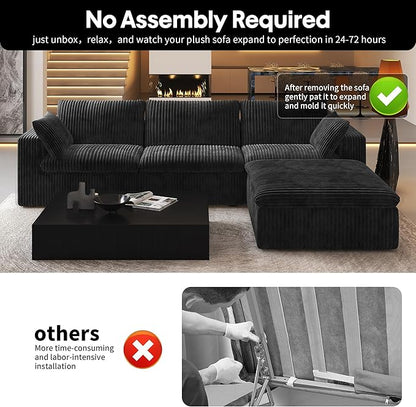 118" L Shaped Modern Sofa Modular Sectional Cloud Couch with Ottoman,Deep Seat Upholstered Couches with Plush Corduroy Fabric for Living Room Furniture,Bedroom and Apartment,No Assembly Required,Black