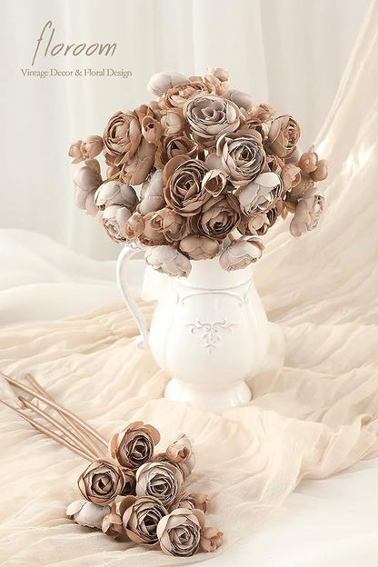 Floroom Ranunculus Artificial Flowers 18 Pcs Taupe Brown Faux Silk Mini Ranunculus Bulk Fake Wedding Filler Flowers for DIY Bouquets, Centerpieces, Bridal Shower Decorations & Arrangements