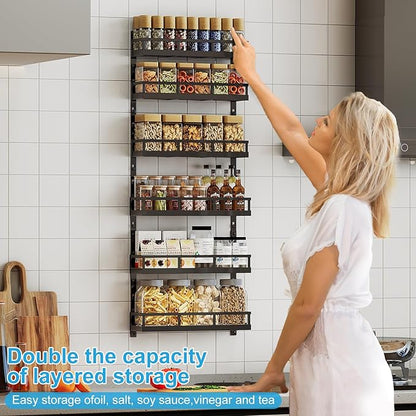 X-cosrack 6-Tier Wall-Mounted Spice Rack Organizer with Mixed Basket Sizes, Height-Adjustable Hanging Spice Shelf for Kitchen Pantry Cabinet, Large-Capacity Seasoning Holder, Black