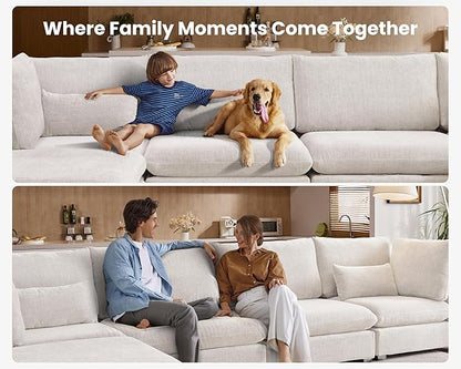 Oversized Modular Sofa, Extra Deep Cloud Chenille Sectional Couch with Ottoman Chaise, Fluffy Chenille 2 Seater Sofa Bed for Living Room, Villa (Sofa Bed 4 Seater, Chenille White)